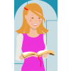 A clip art image of a standing, smiling teenage girl reading the bible. Modern, clean, happy imagery.