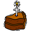 A slice of birthday cake with a cross shaped candle on it