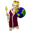 Toddler in royal robe with scepter in one hand and a globe in the other