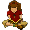 Teenage girl sitting cross legged reading a Bible