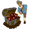 This is an image of a pirate with his foot on an open treasure box. The treasure box is filled with bibles. This image is crisp and rich with color.