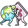 This illustration is a characterization of the earth wrestling the Bible. The art style is water color.