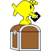This is an image of Christian Fish on top of a treasure chest searching for something. There is a whole series on Chistian Fish on ChristArt!