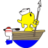 Fish standing on the bow of a boat with a harpoon