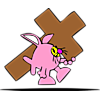 Fish in bunny costume carrying a cross