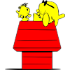 Two Charlie Brown looking fish sitting on a doghouse