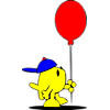 This is a picture of a Kid Christian fish in a blue baseball cap holding a red balloon.