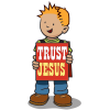Boy wearing placard that says &quot;Trust Jesus&quot;