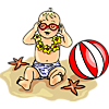 This is a clipart of a baby at the beach wearing sunglasses. He is sitting next to a beach ball in his little Hawaiian diaper. Most babies love the beach.