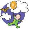 Baby floating in the clouds holding a helium balloon. There's a little bird flying next to the baby. A happy, comic style image.