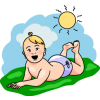 A drawing of a happy baby laying outside on the grass in the sun. It brings with it thoughts of summer and children out of school.