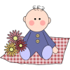 A clipart image of a baby with flowers sitting on checkered picnic blanket. This image reminds us of fresh air and sunshine, happy times with family.