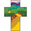 This is a clip art of s cross with a picturesque mountainous path within it.