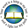 Glowing open Bible before a Globe with the encircling words: Your Word is a lamp to my feet and a light for my path