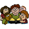 This is a clipart of a man reading the Bible to kids of many different cultures. It is cartoon style with clean lines and fresh colors, a very positive image.