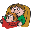 This is an image of a father reading the bible to his little girl. It is comic book style art with a very positive message.
