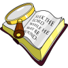This is an image of a magnifying glass over the Bible, it is a  dimensional view. The message is to look carefully at what was written so you may find the answers to the questions you have.