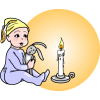 An image of a baby in pjs, nightcap, and bunny, sitting next to a candle. This image is in a settling of days in the past. Today we might no set a young child next to a candle, but things were different before electricity.