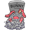 Image of a gravesite of a dead pink rabbit. The rabbit's feet, belly and ears are sticking out of the ground. The tomb stone reads &quot;THE BUNNY IS NOT RISEN&quot;