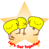 A clipart of chicks gathered together with a star background with the words, &quot;Let's get together!&quot; It's a cute way to announce a women's get together.
