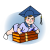This is an image of a baby wearing a diploma cap happily leaning on books. So cute to think of the beginning of childhood and the end in the same image.