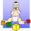 An image of a baby boy in diapers playing with blocks. A teething baby puts everything in their mouth.