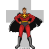 Super hero with a cross behind him and  the words &quot;Stand Firm&quot; below.