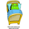 Green faced, unhappy sick man in bed