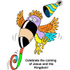 Silly toucan with party hat blowing a noise maker