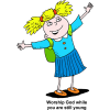 This is a comic style image of a schoolgirl raising her hands and praising God with the words below: Worship God while you are still young.