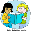 This is an illustration of two kids holding a blue bible and reading it together. Under the illustration are the words, &quot;Enjoy God's Word together.&quot; It is a drawn illustration in comic style.