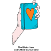 A cartoon style image of a hand holding up a blue Bible with a red heart on it. Below are the words, &quot;From God's mind to your hand.&quot; If anyone wants to know God, He can be known through the Bible.