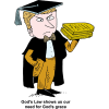 This is a clip art of an angry scholar holding the Ten Commandments in his hand. The style is a comical drawing. Below are the words, &quot;God's Law shows us our need for God's grace.&quot;