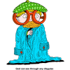 This is a playful cartoon style image of a little boy in big clothes, hat and glasses as a disguise.