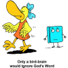 This is a comic style image of a bird ignoring a Bible. Below are the words, &quot;Only a bird-brain would ignore God's Word.&quot;