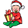 This is a clipart image of a baby with a pacifier dressed in red and green with a present and a santa hat. Christmas is a special time of year for Christians and babies make it all then more special.
