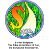 This is a colorful drawing of the letter &quot;S&quot; with the words, &quot;S is for Scripture. The Bible is the Word of God, the Scriptures from heaven.&quot; It shows Light coming down to the Bible. Bible Alphabet series.