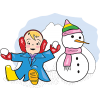 A clip art of a baby playing in the snow next to a snowman.