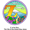 This is a clipart drawing of the letter &quot;Z&quot; with the words, &quot;Z is for Zion. The City of the Great King, Jesus.&quot; It has flowers with a mountain in the background. It is part of the Bible Alphabet series.