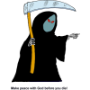 This is a drawing of the grim reaper holding a sickle and pointing a bony finger. His red eyes complete the image . Below are the words, &quot;Make peace with God before you die!&quot;