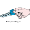 This is a drawing of a hand holding a key with Jesus' name on it. Below are the words, &quot;This is the key to everything good.&quot;