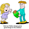 This is a cartoon style image of a boy giving a wrapped gift to a girl.