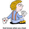 This is a cartoon style image of a person hiding cards behind his back. There is nothing you can hide from God behind your back from Him.