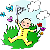 This is a classic style image of a baby sitting in the grass with a butterfly net and butterflies fluttering around the net. This cartoon style image captures what we dream about when we think of children enjoying the beauty of being outside.