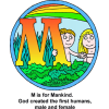 This is a clip art of the letter &quot;M&quot; with the words, &quot;M is for Mankind. God created the first humans, male and female.&quot; It's colorful with a drawing of Adam and Eve within its circle. This image is in the series of the Bible Alphabet.