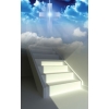 This is a photoshop image of stairway leading up to a cross in the midst of clouds. On the stairway is light flooding on to the stairs in the shape of an open door.