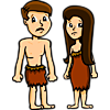 Adam and Eve after the fall. Sad, distraught faces and animal skin clothing for both of them.