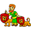 This is an illustration of Daniel and the lions. The style is very juvenile and friendly.