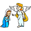 This is an illustration of Mary and Gabriel. Gabriel is giving Mary a message as she bows down before him. A friendly, positive image that children will love.