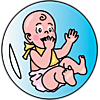 A graphic of a baby sitting in large bubble. Cute and simple.